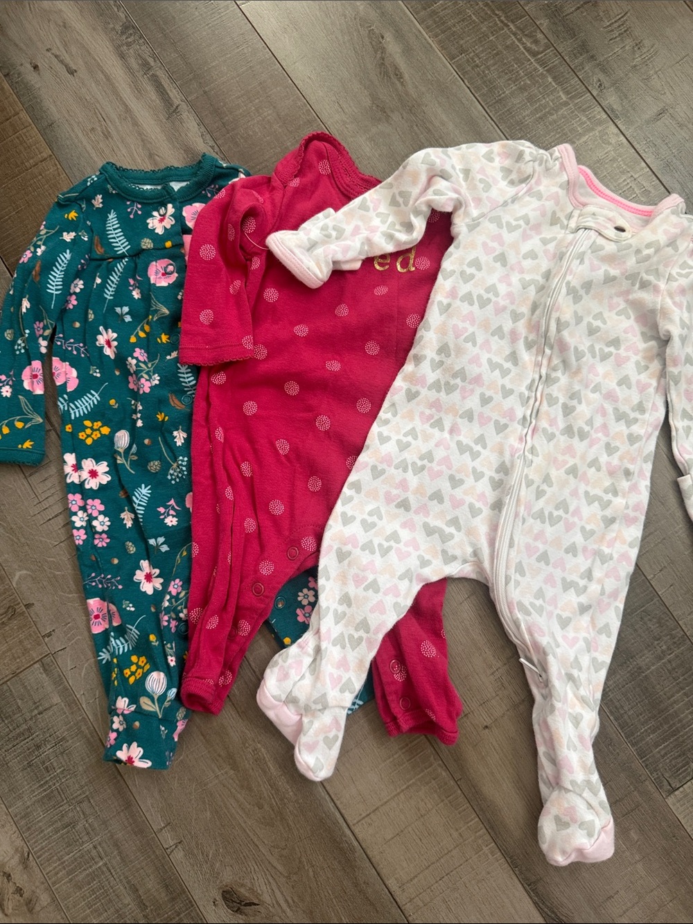 Carter's Teal Floral, Hot Pink Dot & White Heart Footed One-Pieces